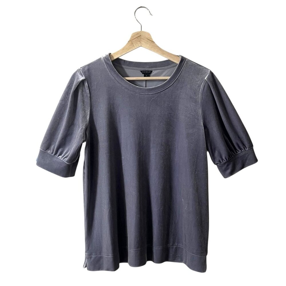 Ann Taylor Velvet Blouse Size Medium Puff Sleeve Metallic Silver Top Half Sleeve